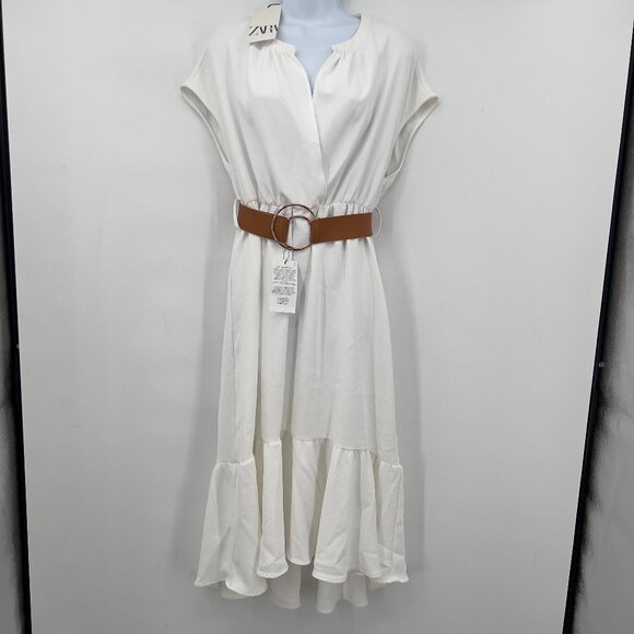 ZARA White Belted Ruffle Hem Midi Dress Women’s Size L NWT - Picture 2 of 11